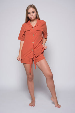 Stonewashed Cotton Women's Pyjama Set, Burnt Orange