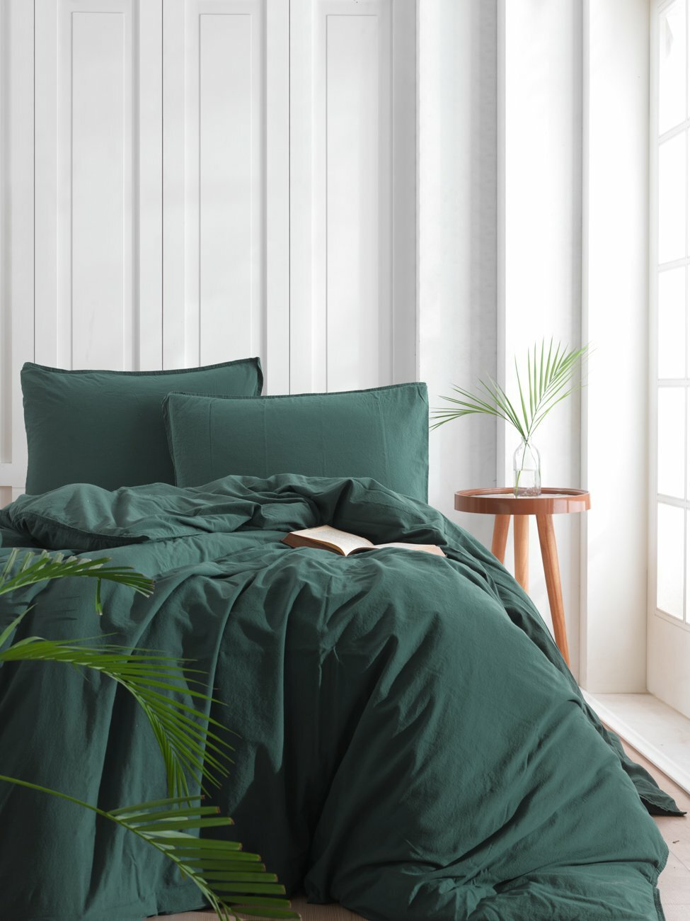 Stonewashed Cotton Duvet Cover Set, Dark Green