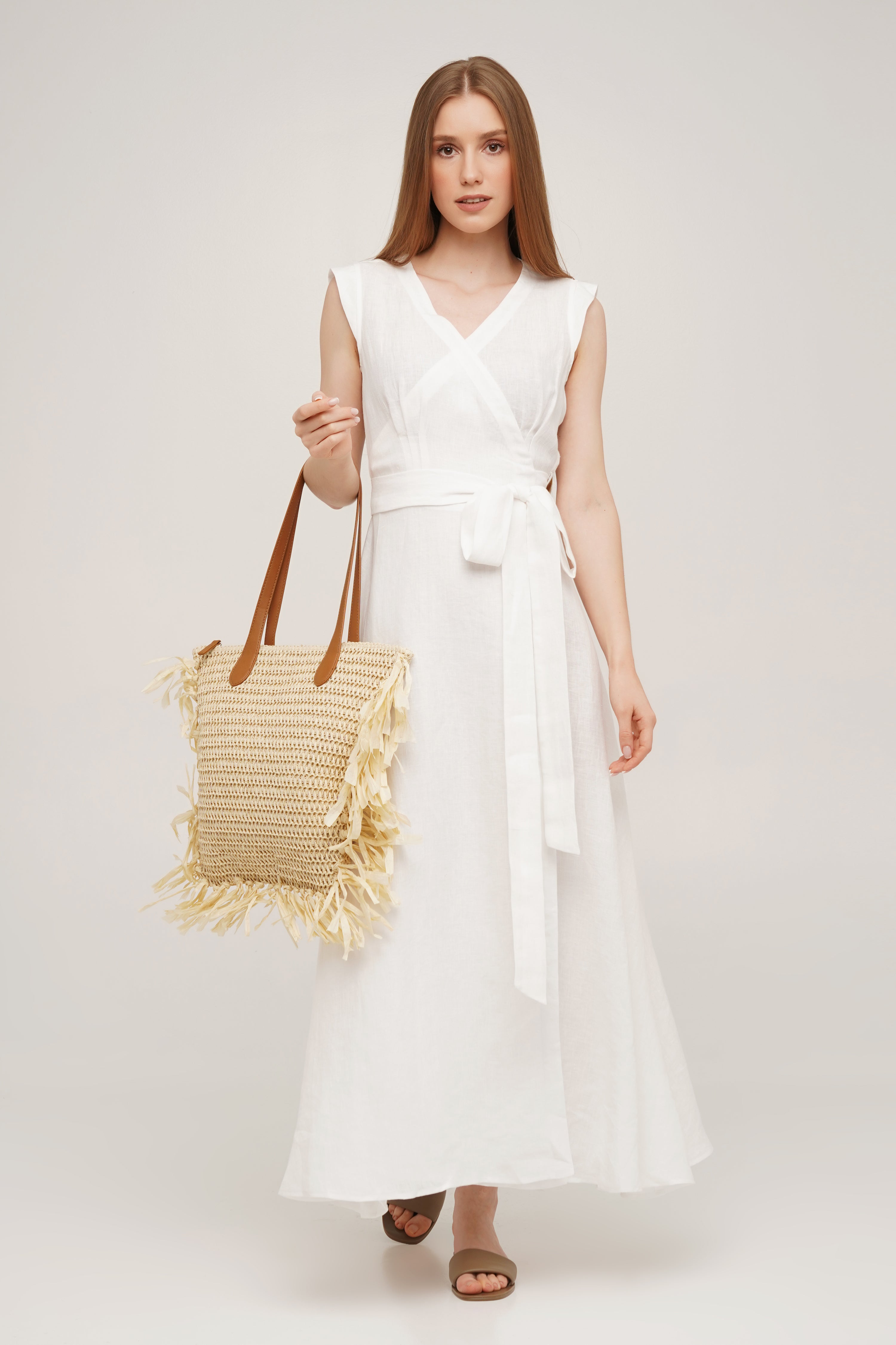 Linen wrap dress white sale