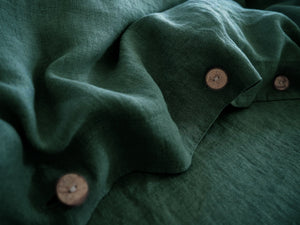 Stonewashed Linen Duvet Cover Set, Dark Green
