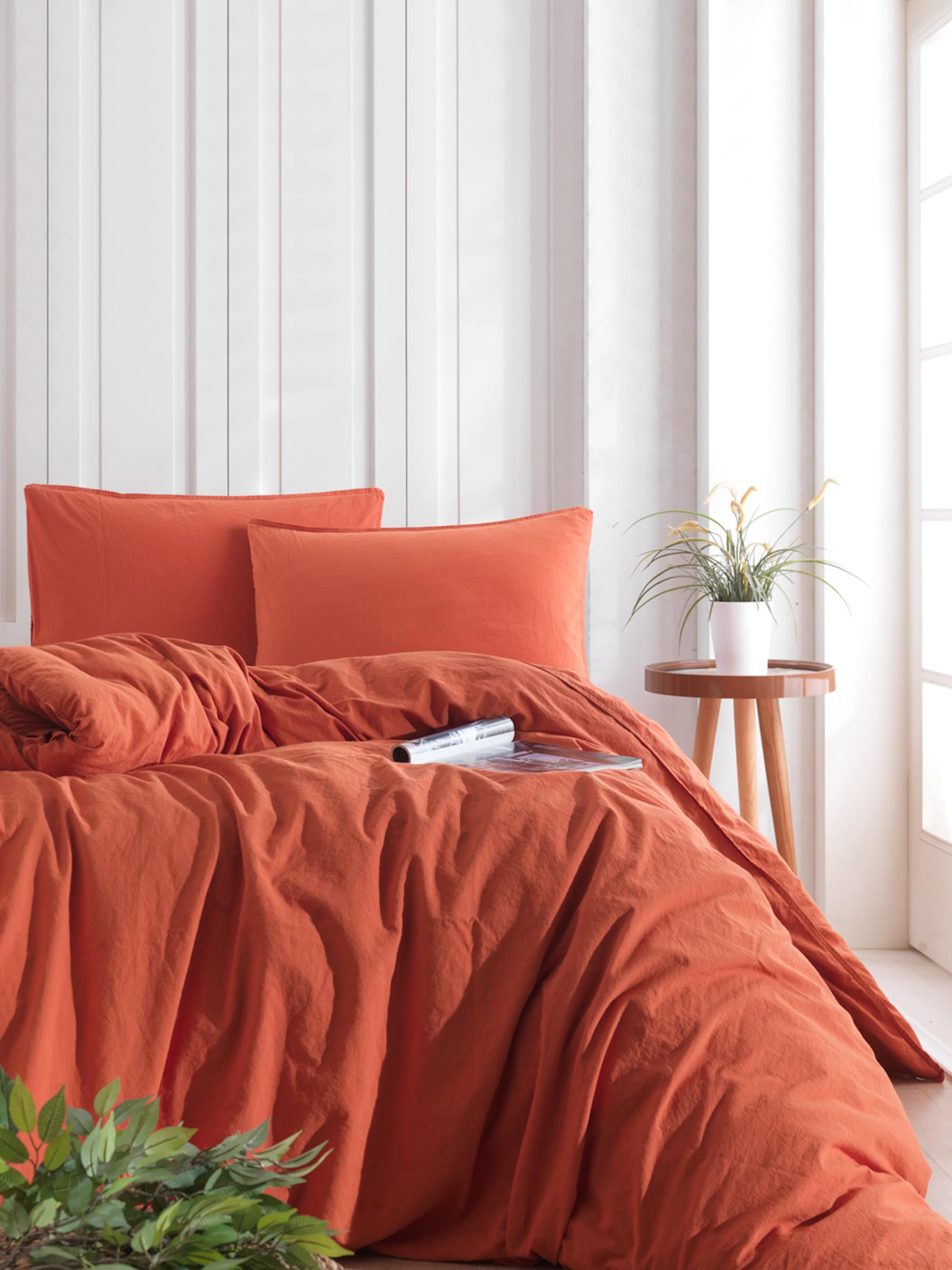 Stonewashed bedding set 3 pcs - 1 Duvet cover + 2 Pillow cases  - Cinnamon, Terracotta Bed Linen,  King, Queen, Double Full