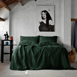 Stonewashed Linen Duvet Cover Set, Dark Green