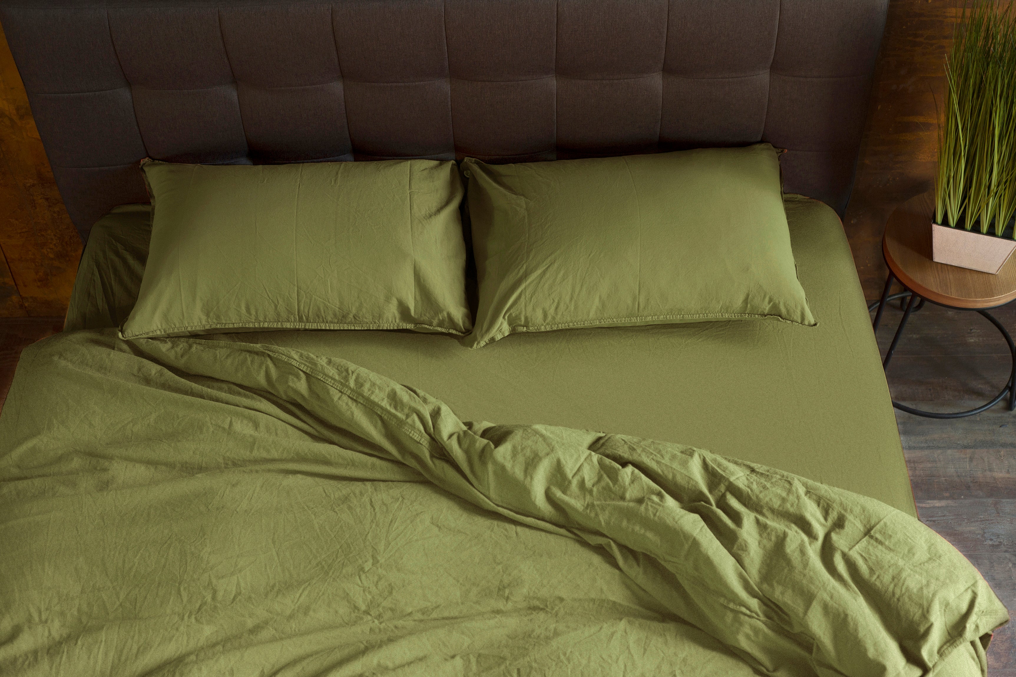 Stonewashed Cotton Duvet Cover Set, Olive Green