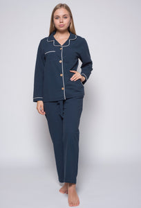 Stonewashed Cotton Women's Pyjama Set, Dress Blue