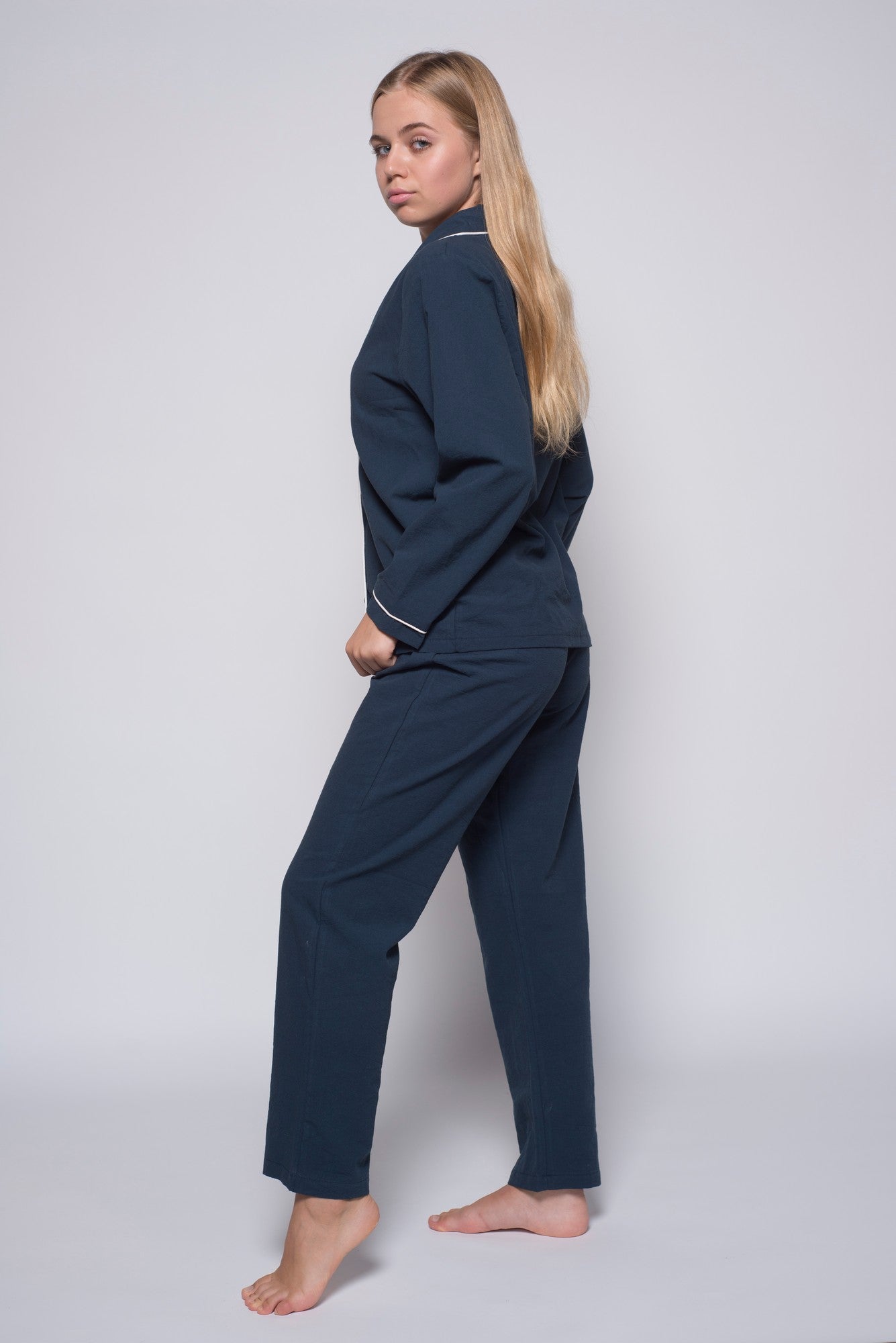 Stonewashed Cotton Women's Pyjama Set, Dress Blue