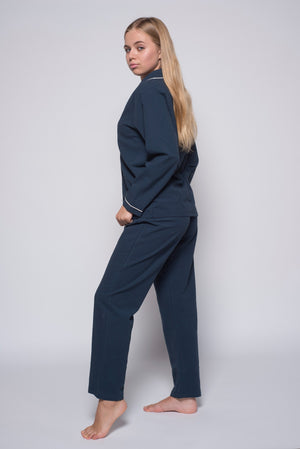 Stonewashed Cotton Women's Pyjama Set, Dress Blue