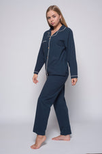Stonewashed Cotton Women's Pyjama Set, Dress Blue