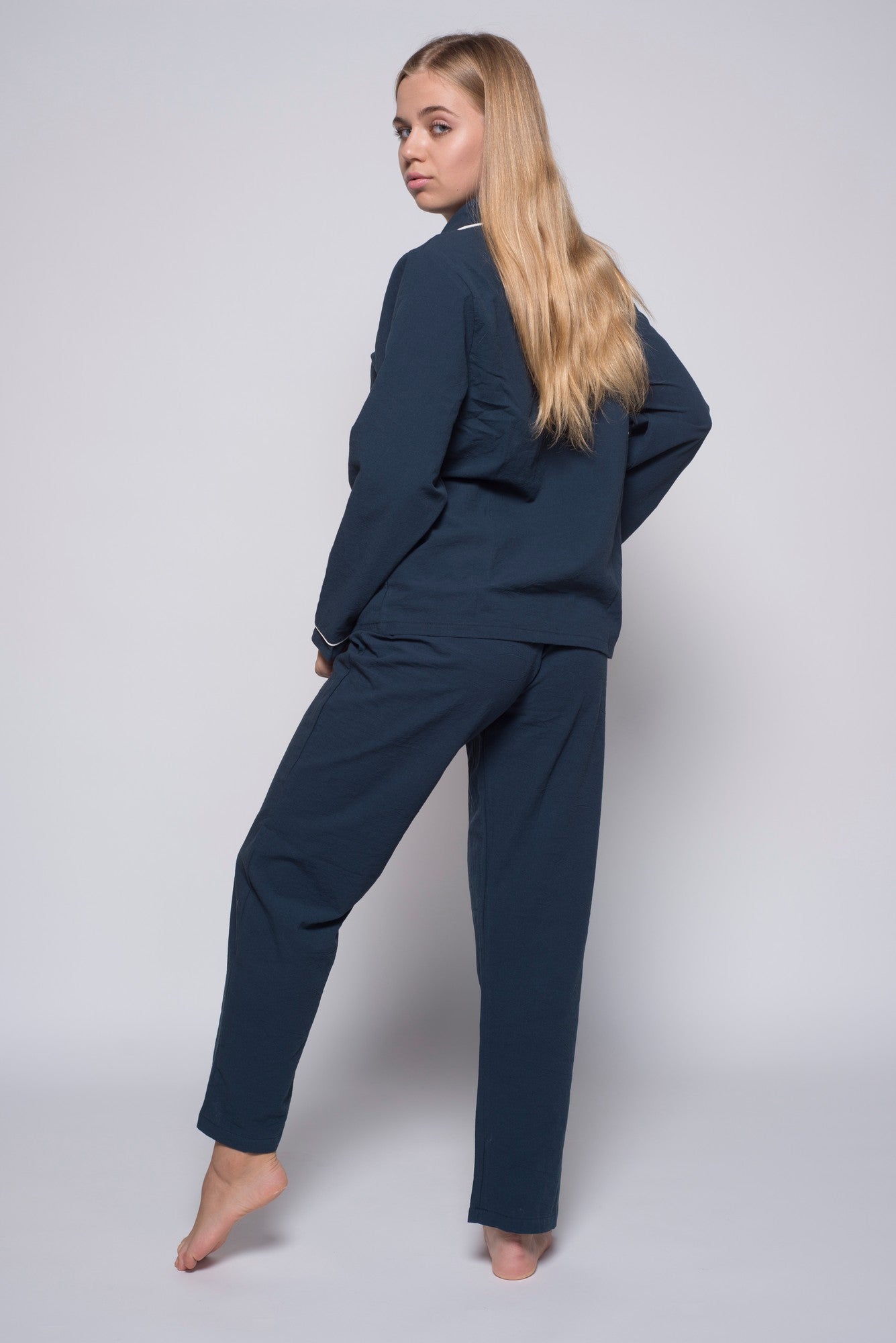 Stonewashed Cotton Women's Pyjama Set, Dress Blue
