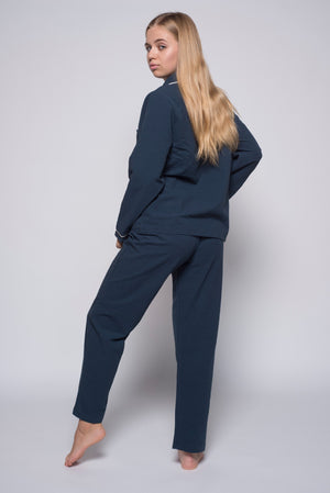 Stonewashed Cotton Women's Pyjama Set, Dress Blue