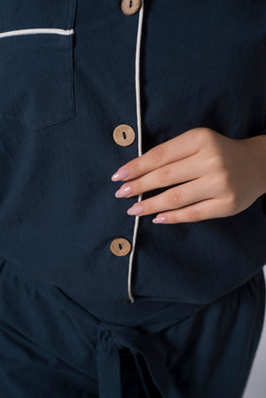 Stonewashed Cotton Women's Pyjama Set, Dress Blue