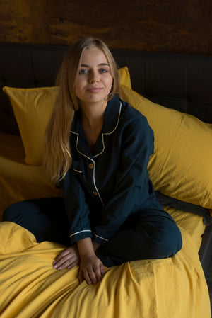 Stonewashed Cotton Women's Pyjama Set, Dress Blue