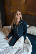 Stonewashed Cotton Women's Pyjama Set, Dress Blue
